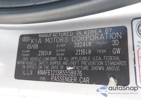 2008 Kia Spectra Ex z USA, uszkodzony, nr VIN KNAFE121385558976